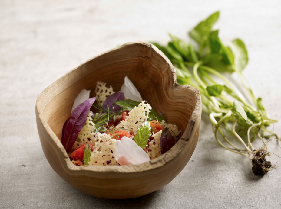 Buckwheat porridge, bacon bits, Parmesan crisp, Chinese spinach, pumpkin and sunflower seeds, tomatoes, edible flowers